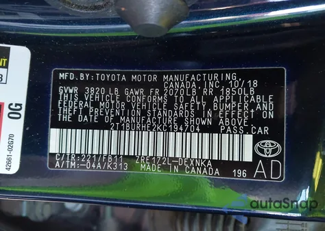 2019 Toyota Corolla Le z USA, uszkodzony, nr VIN 2T1BURHE2KC194704